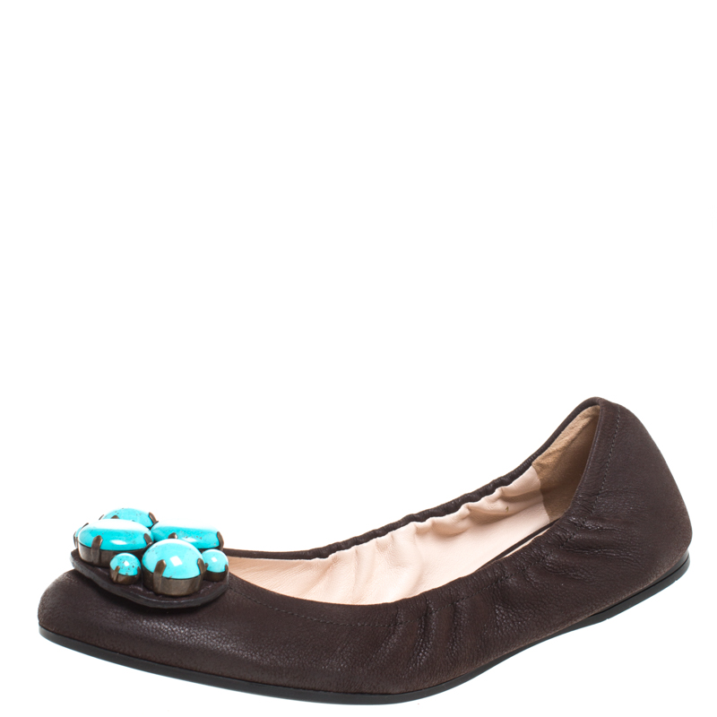 Pre-owned Prada Brown Leather Turquoise Stone Embellished Scrunch Ballet Flats Size 37