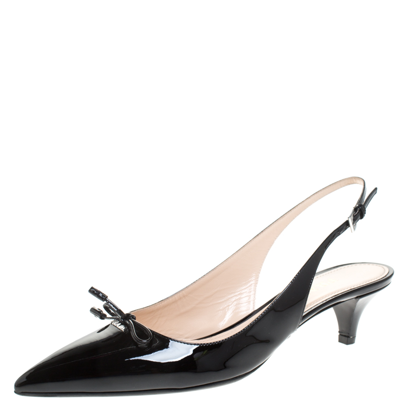 Prada Black Patent Leather Bow Pointed Pointed Toe Slingback Sandals ...