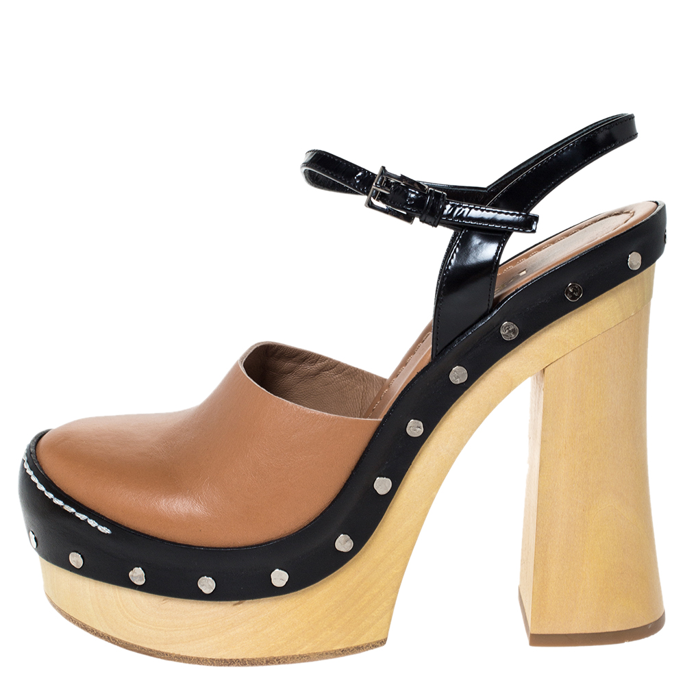 

Prada Brown Leather Ankle Strap Platform Clog Sandals Size