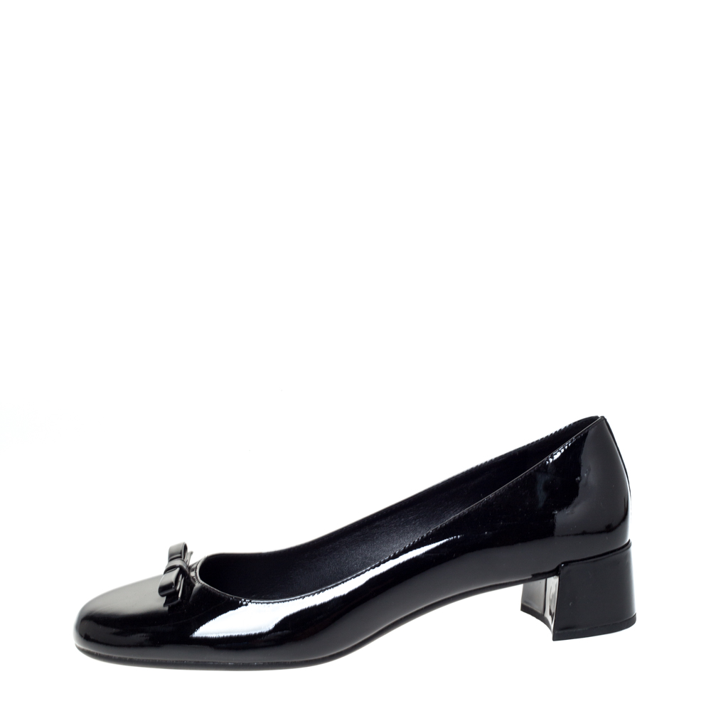 

Prada Black Patent Leather Bow Detail Block Heels Pumps Size