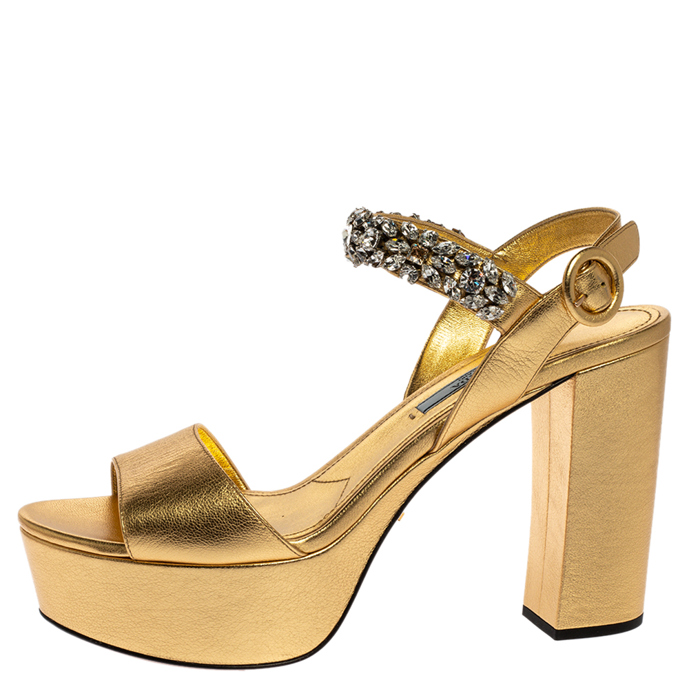 

Prada Metallic Gold Leather Crystal Embellished Open Toe Ankle Strap Platform Sandals Size