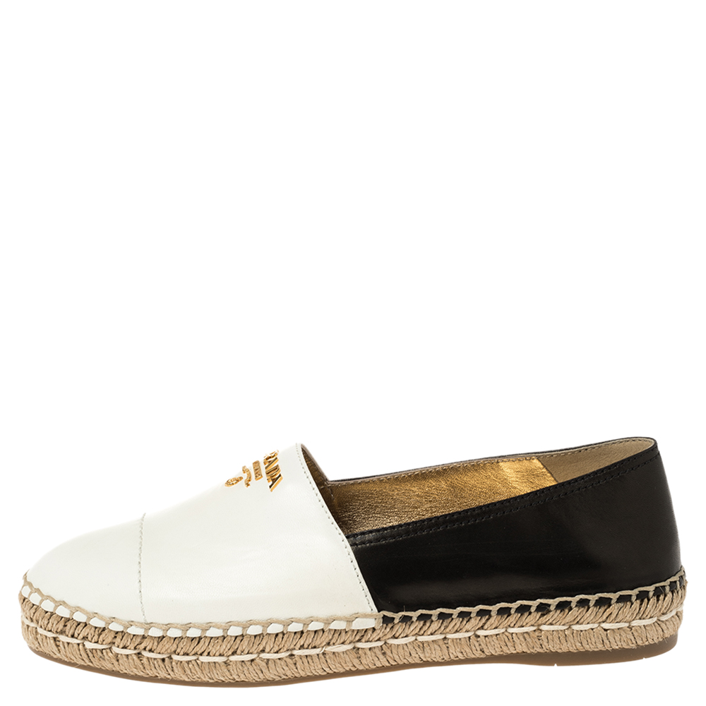 

Prada White/Black Leather Espadrille Flats Size