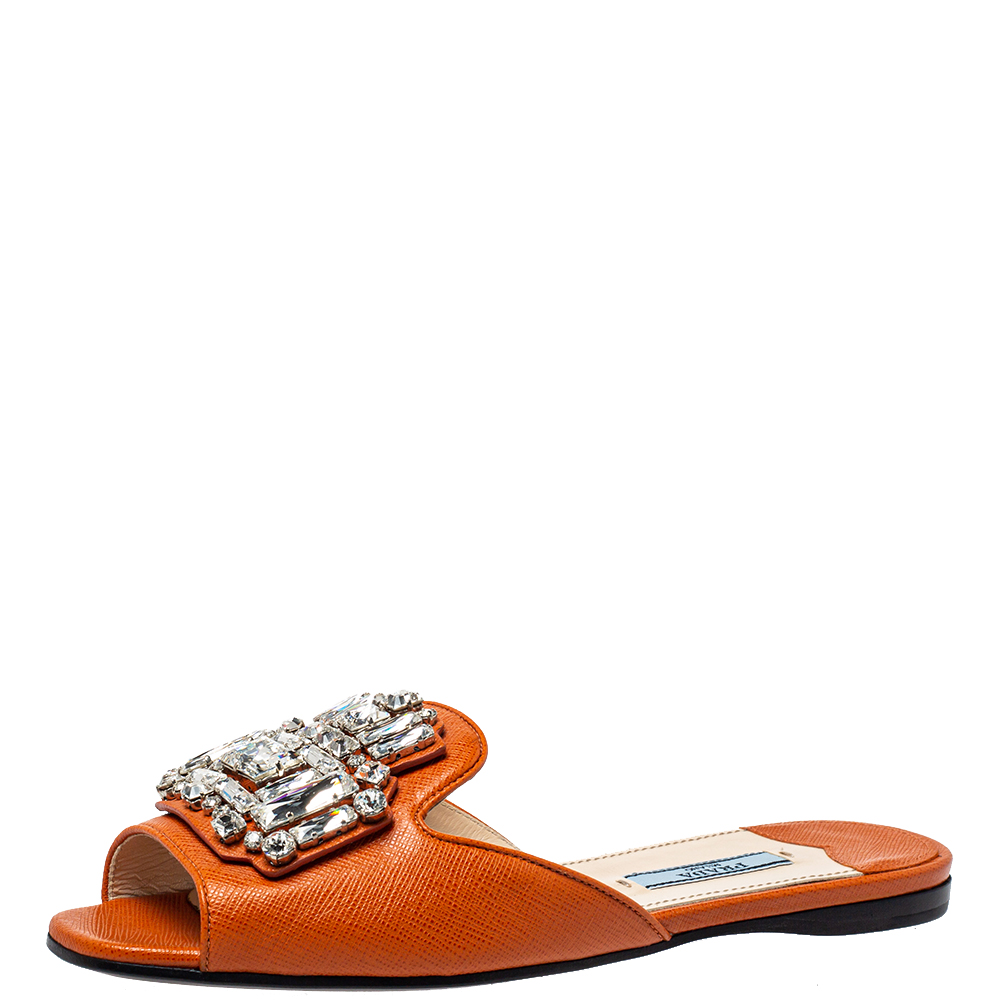 Pre-owned Prada Orange Leather Crystal Embellished Flat Slides Size 36