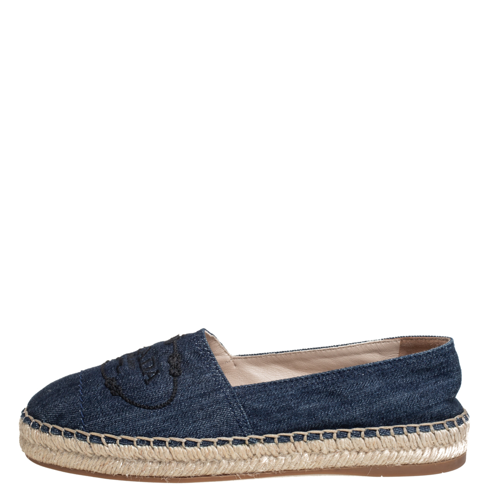 

Prada Navy Blue Canvas Logo-Embroidered Denim Espadrilles Flats Size