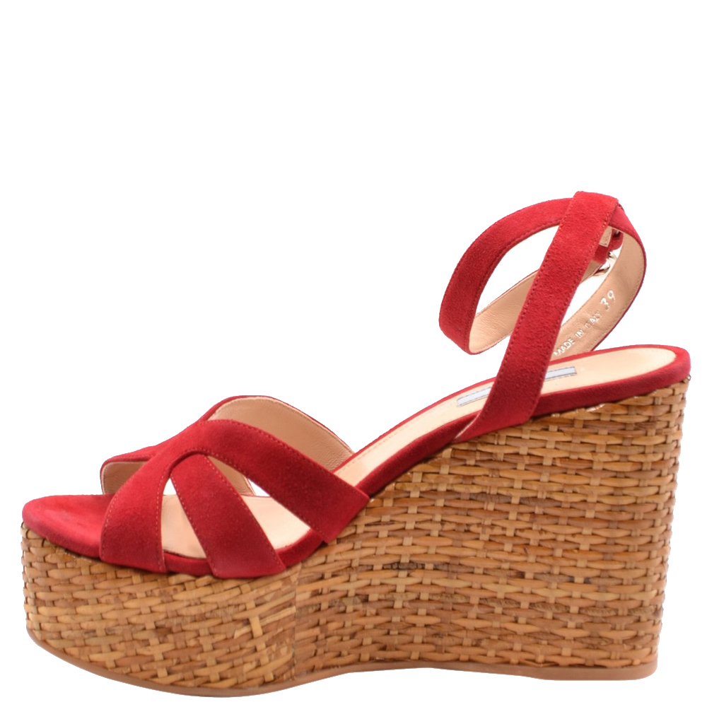 Pre-owned Prada Red Suede Wedge Platform Sandals Size Eu 39 In Multicolor