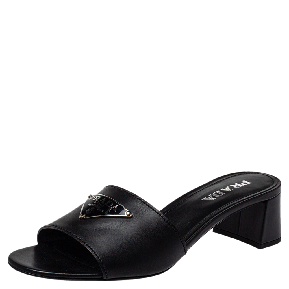 Pre-owned Prada Black Leather Slide Sandals Size 40.5