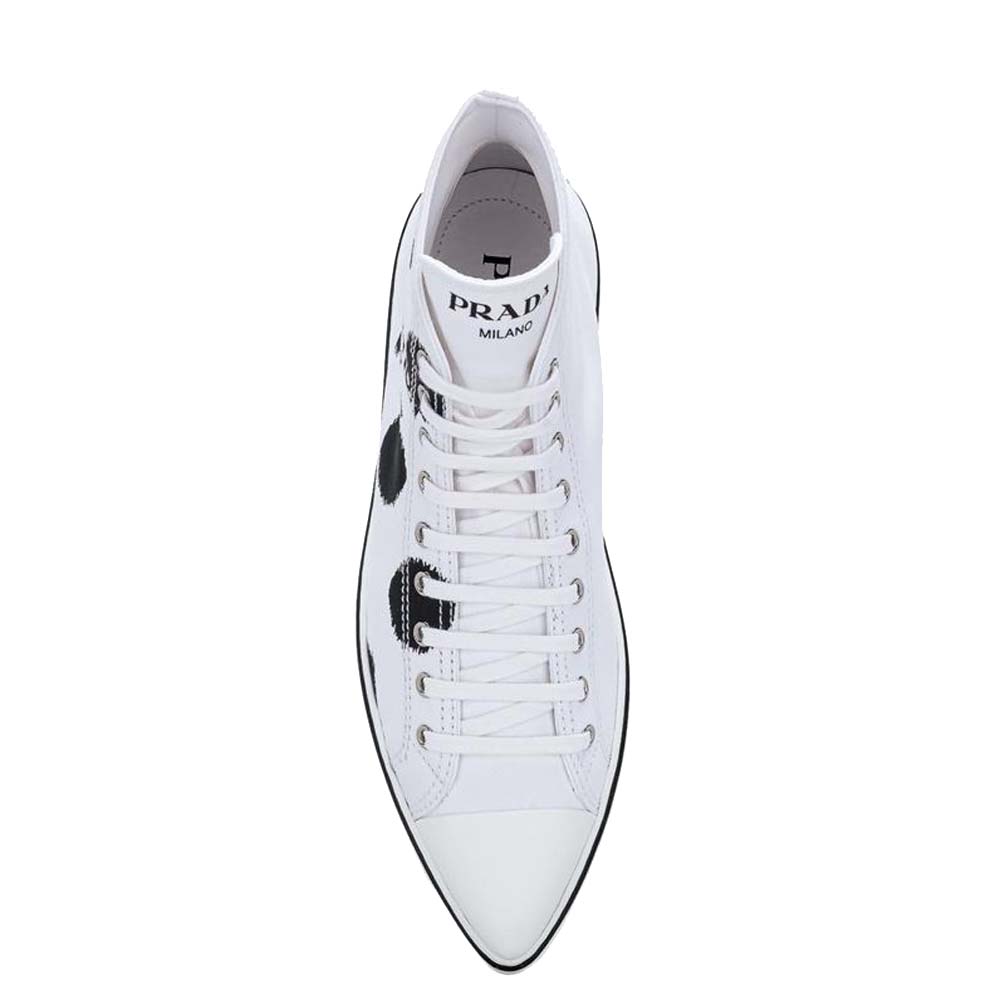 

Prada White Point-Toe Polka Dot Canvas High-Top Sneakers Size EU