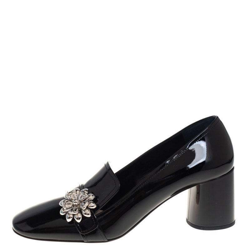 

Prada Black Patent Leather Flower Embellished Block Heel Loafer Pumps Size