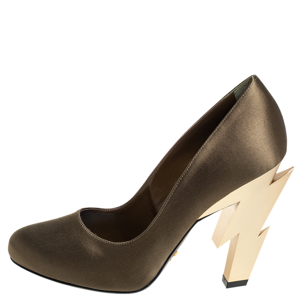 

Prada Olive Green Satin Lightning Bolt Heel Pumps Size