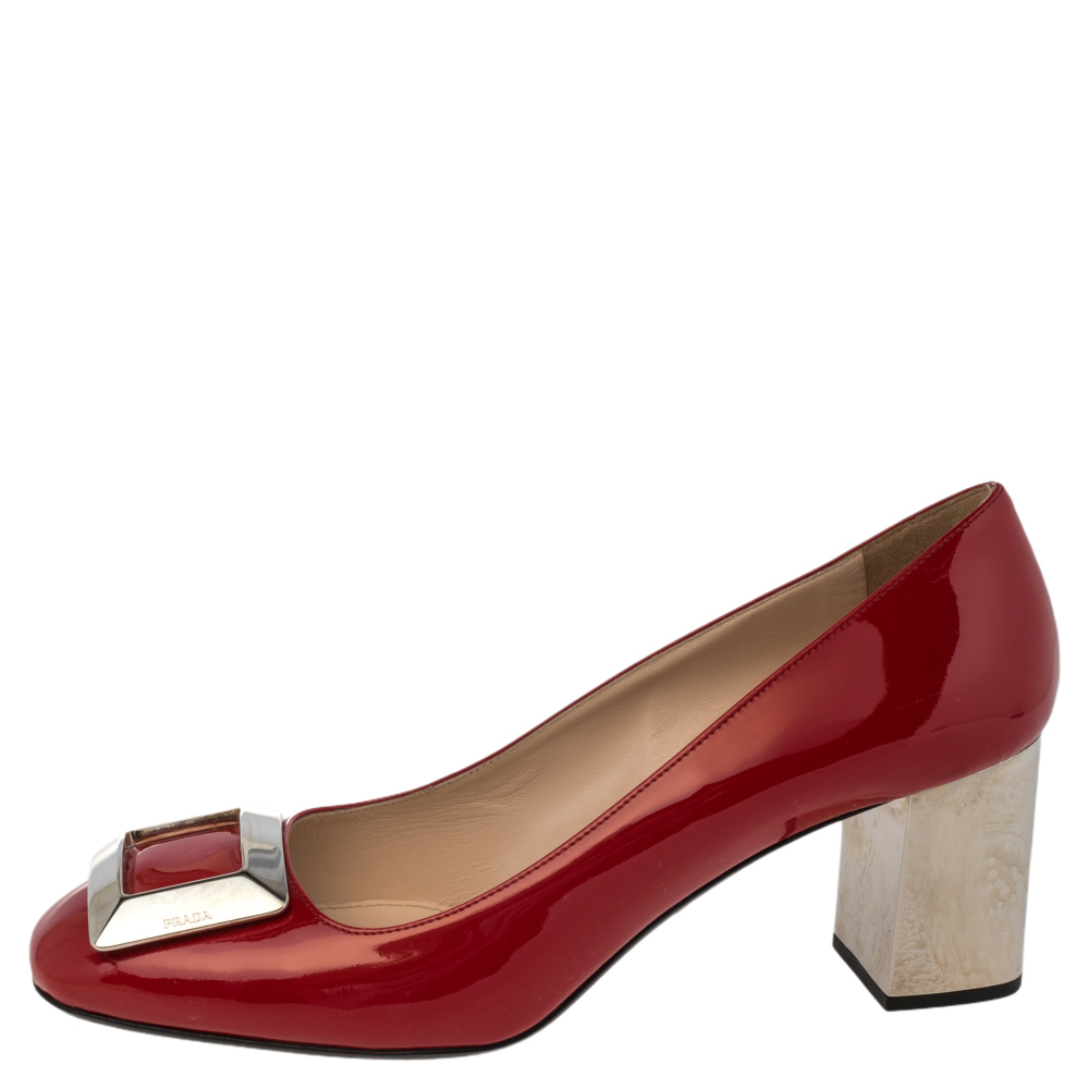 

Prada Red Patent Leather Buckle Block Heel Pumps Size