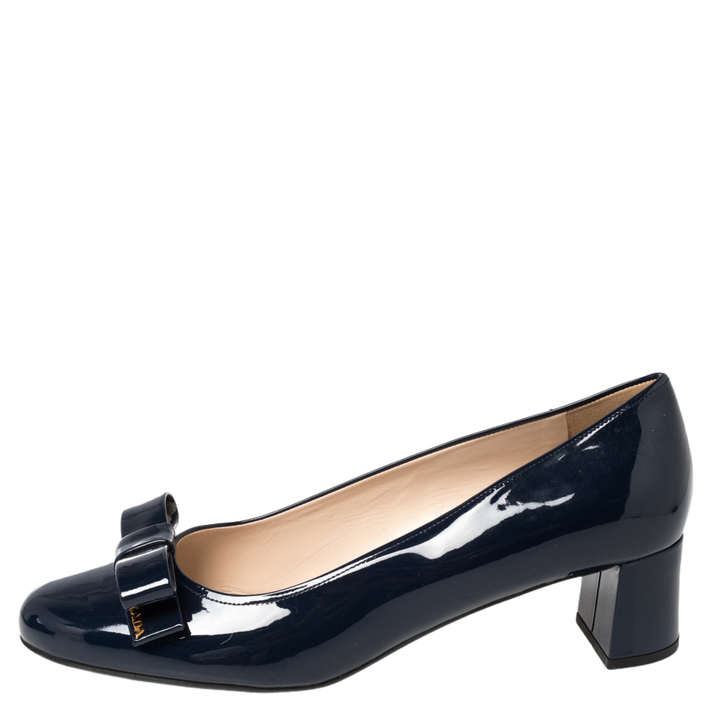 

Prada Blue Patent Leather Bow Block Heel Pumps Size