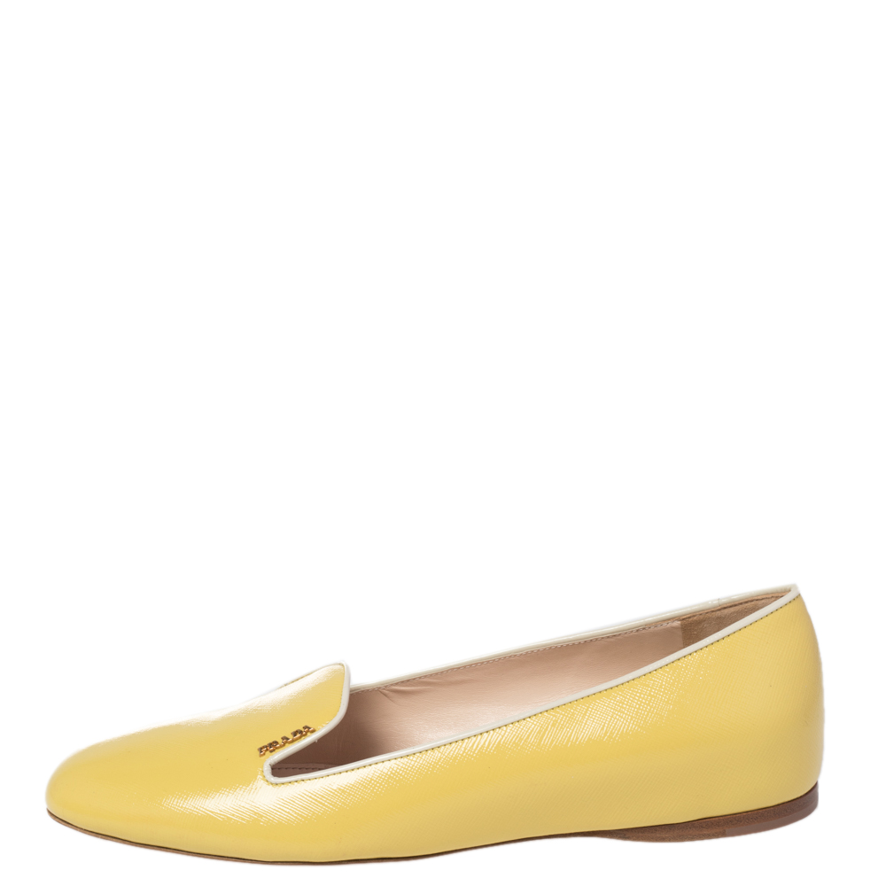 

Prada Yellow Saffiano Vernice Leather Slip On Smoking Slipper Size