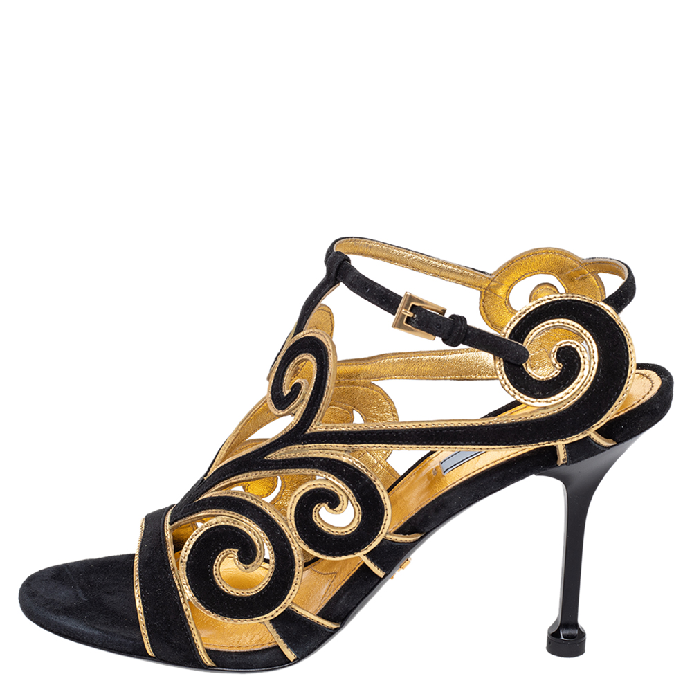 

Prada Black/Gold Suede Cutout Ankle Strap Sandals Size