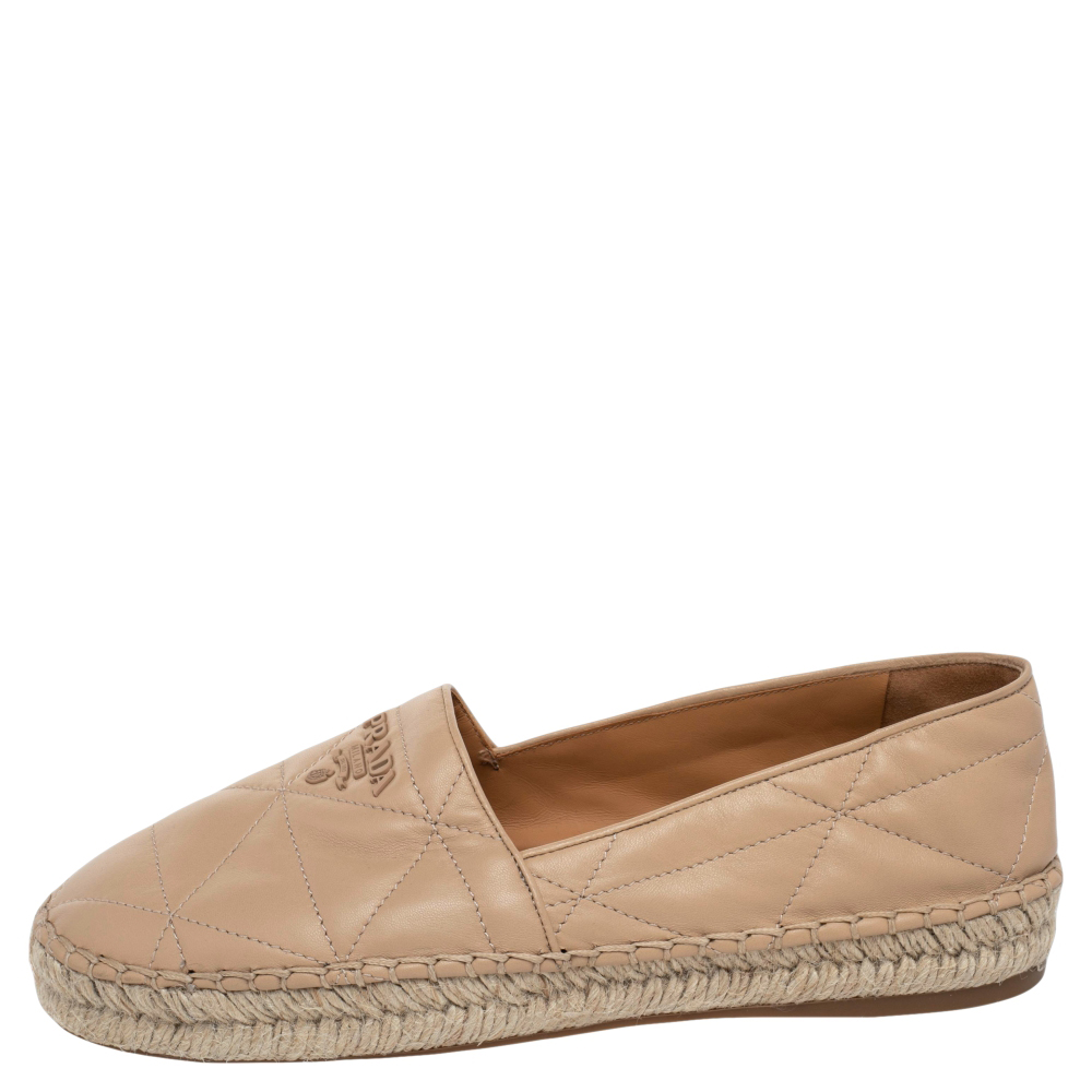 

Prada Beige Quilted Leather Logo Espadrilles Slip On Loafers Size