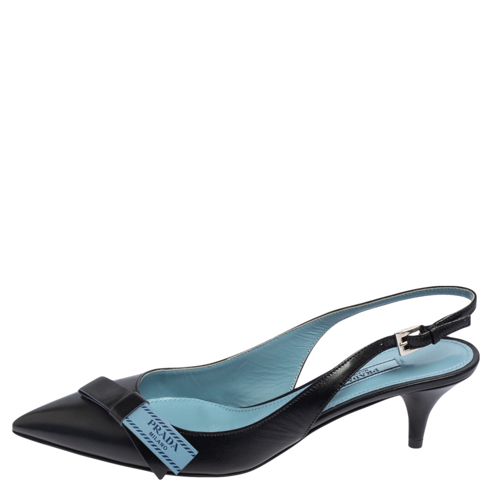 

Prada Black Leather Bow Slingback Pointed Toe Pumps Size