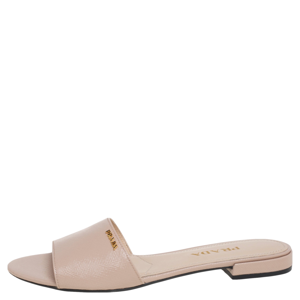 

Prada Beige Saffiano Leather Open Toe Flats Size
