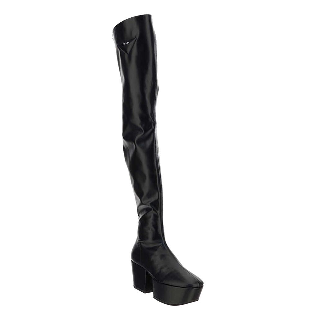 

Prada Black Nappa Leather Tech Over-the-knee Platform Boots Size IT