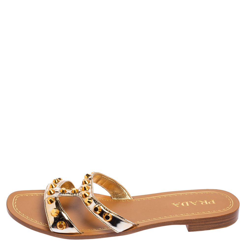 

Prada Gold Leather Studded Flat Slides Size