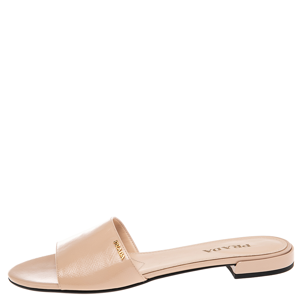 

Prada Beige Saffiano Vernice Leather Flat Slides Size