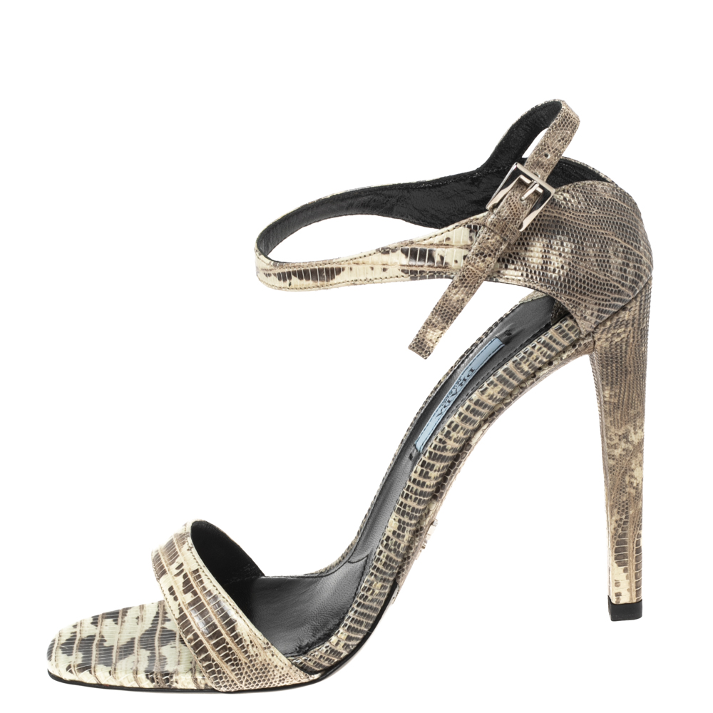 

Prada Beige/Brown Lizard Embossed Leather Ankle-Strap Sandals Size