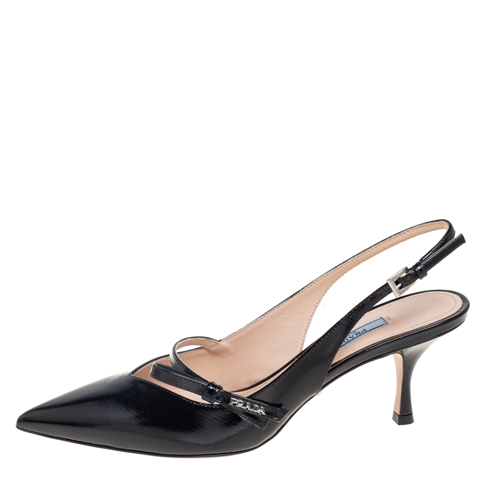 

Prada Black Vernice Saffiano Leather Bow Pointed-Toe Slingback Pumps Size