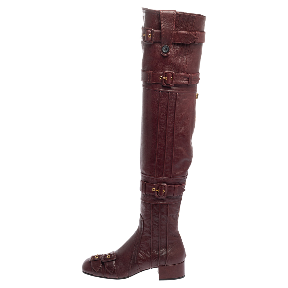 

Prada Burgundy Leather Buckle Embellished Over The Knee Boots Size