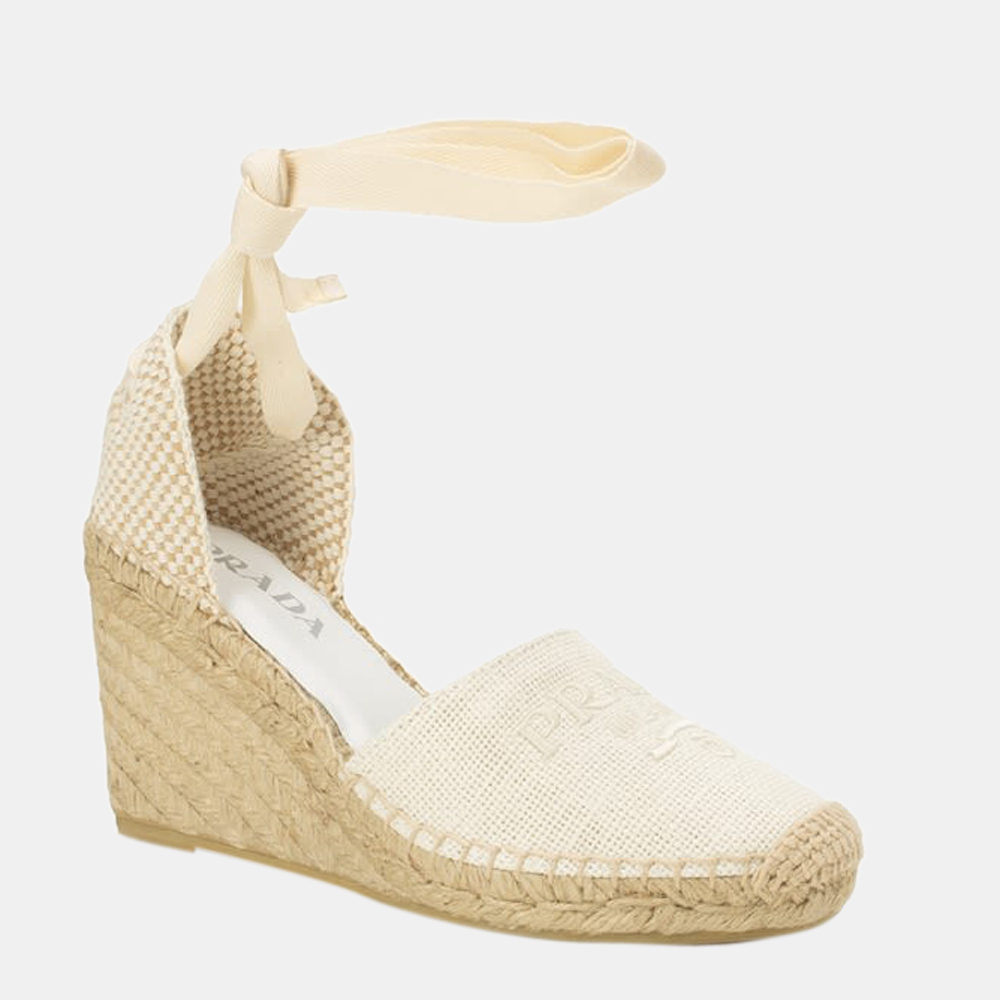 

Prada Beige Canvas Logo Embroidered Wedge Espadrilles Size EU