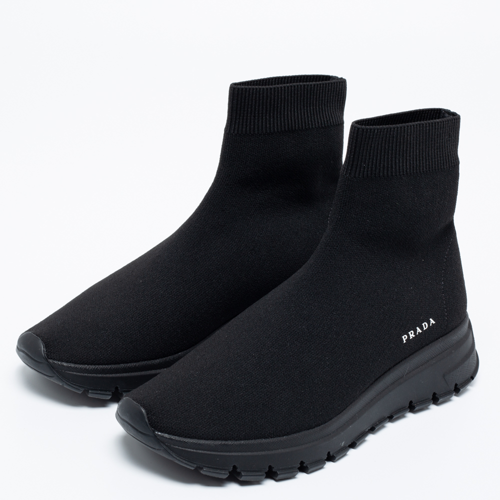 

Prada Black Knit Fabric Logo Sock Runner High Top Sneakers Size