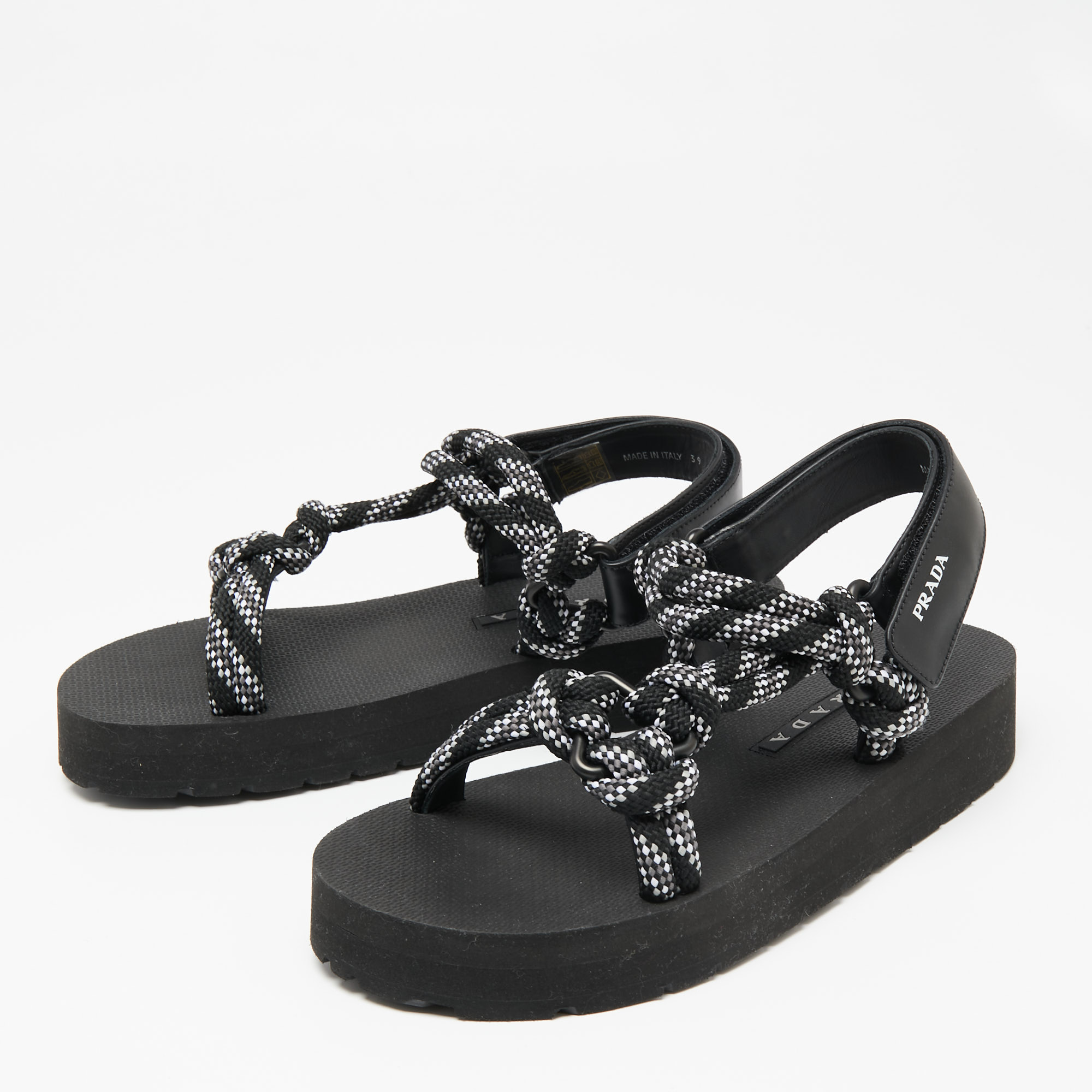 

Prada Black/White Leather And Rope Donna Nastro Platform Sandals Size