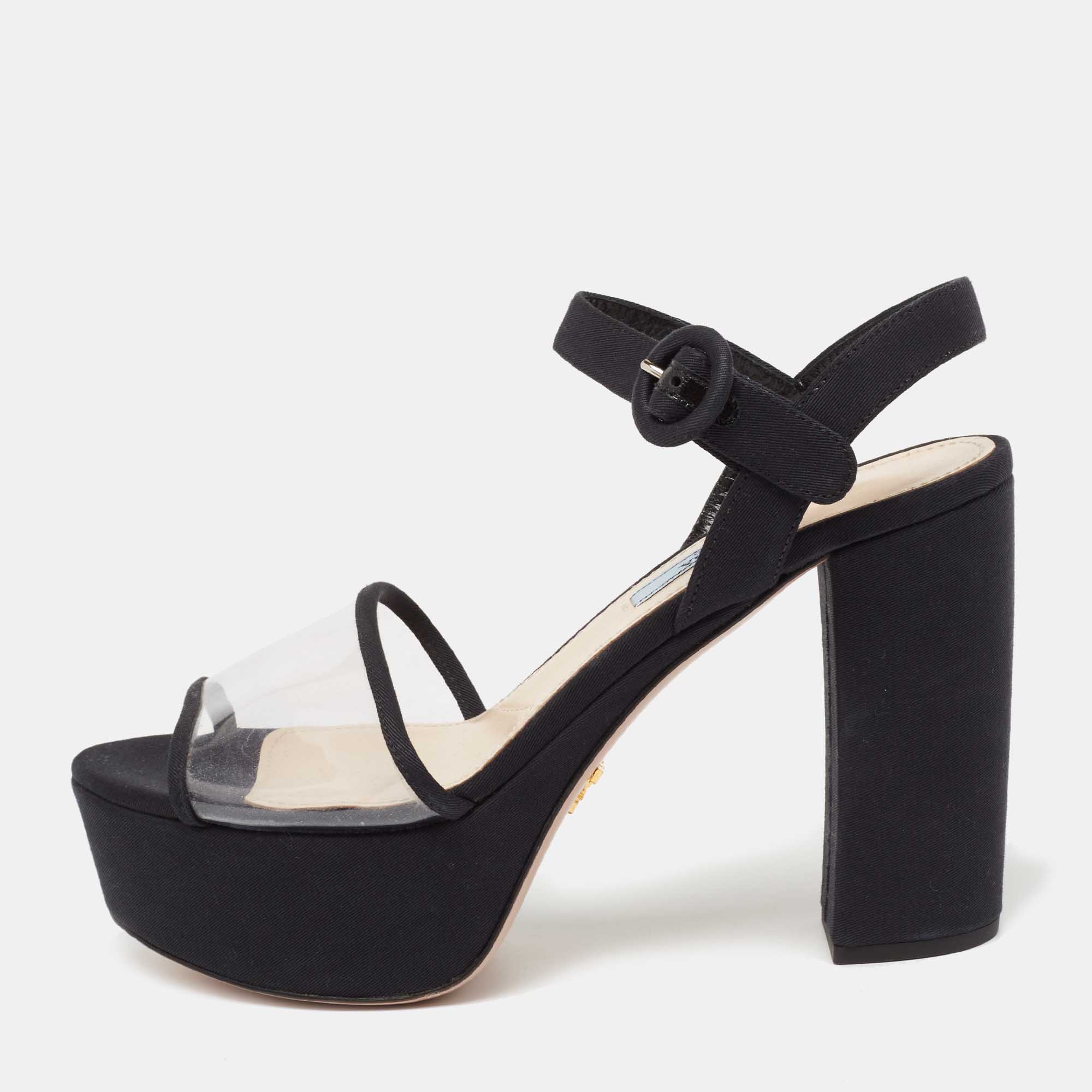 

Prada Black PVC And Canvas Open Toe Platform Ankle Strap Sandals Size