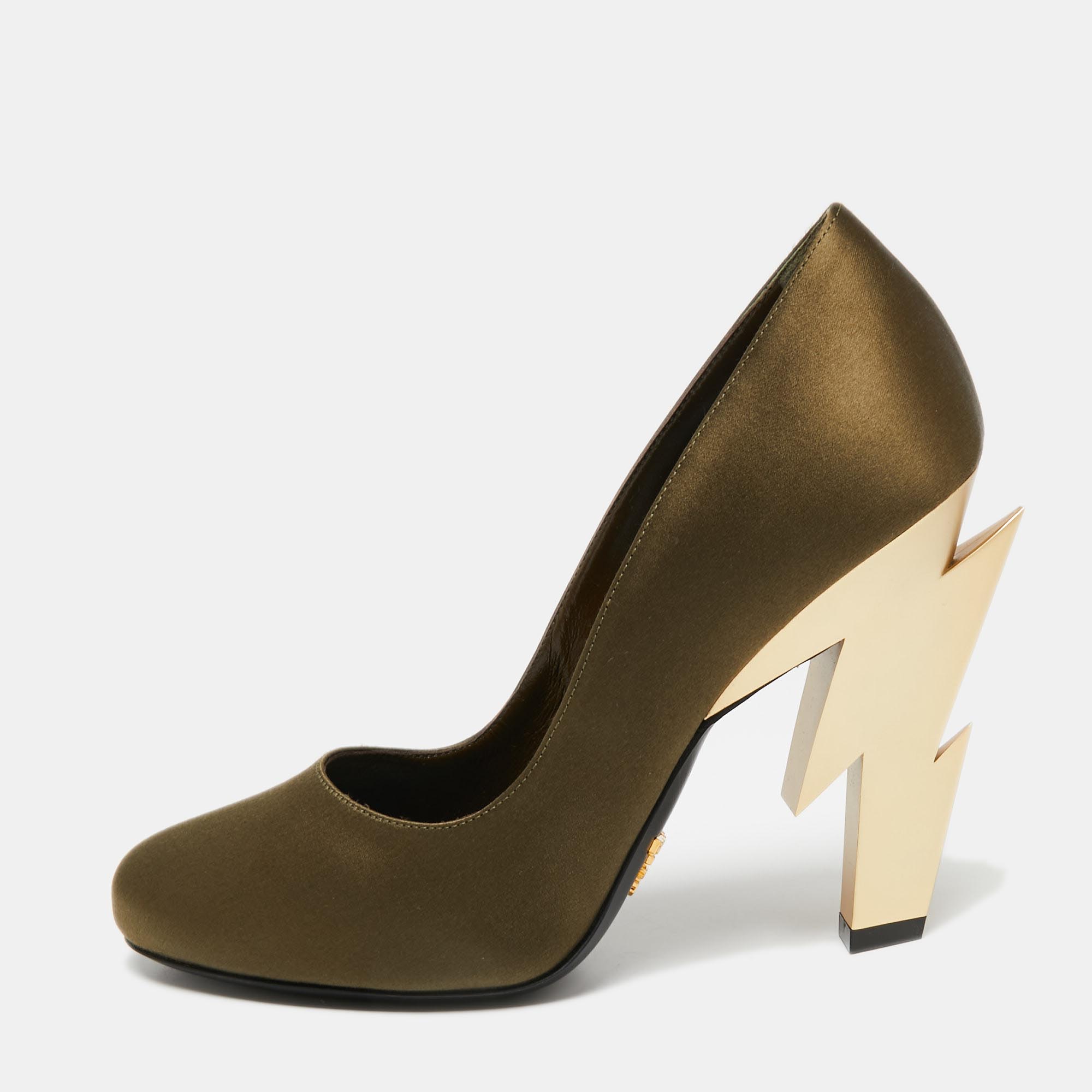 Pre-owned Prada Olive Green Satin Lightening Bolt Heel Pumps Size 37.5