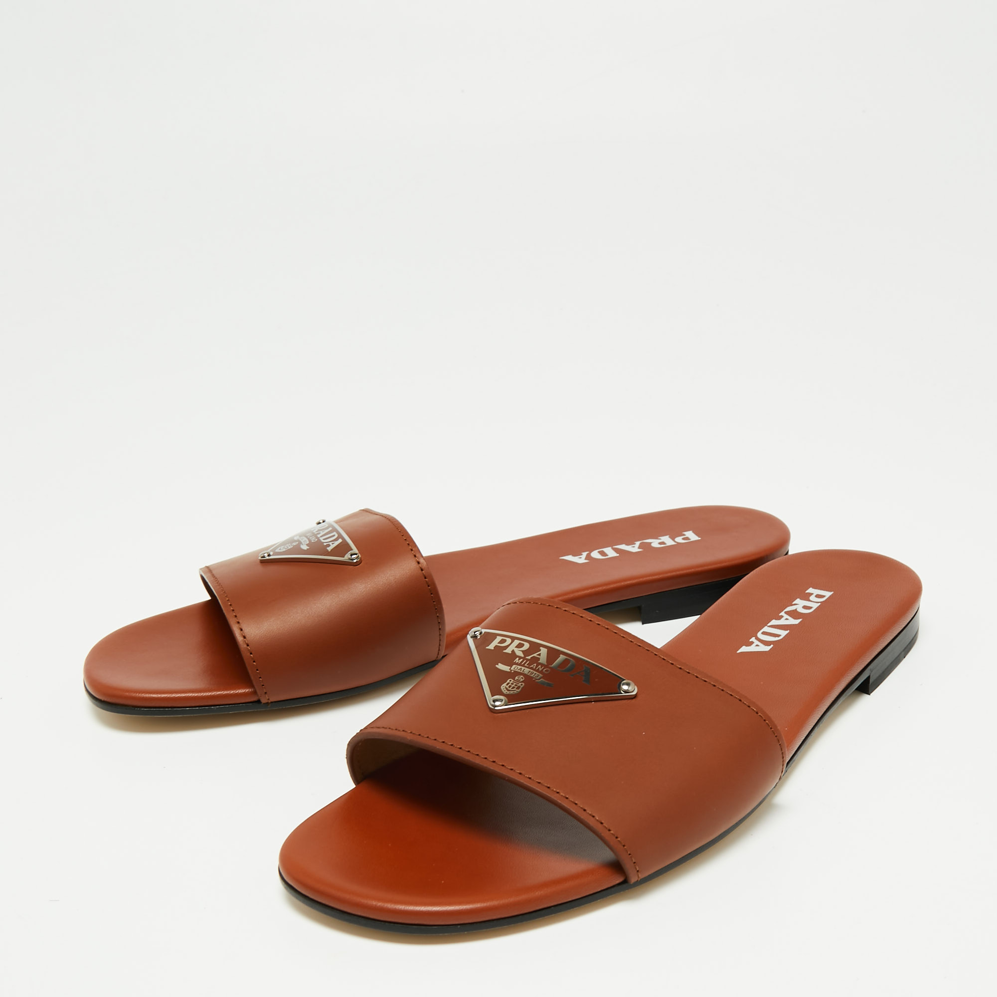 

Prada Brown Leather Logo Detail Flat Slide Sandals Size, Blue