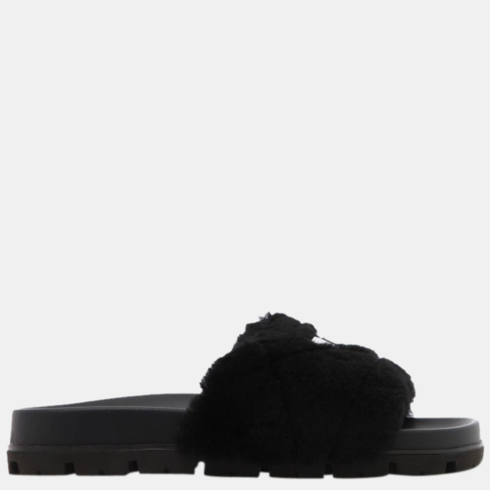 

Prada Black Leather Shearling Flat Sandals Size EU