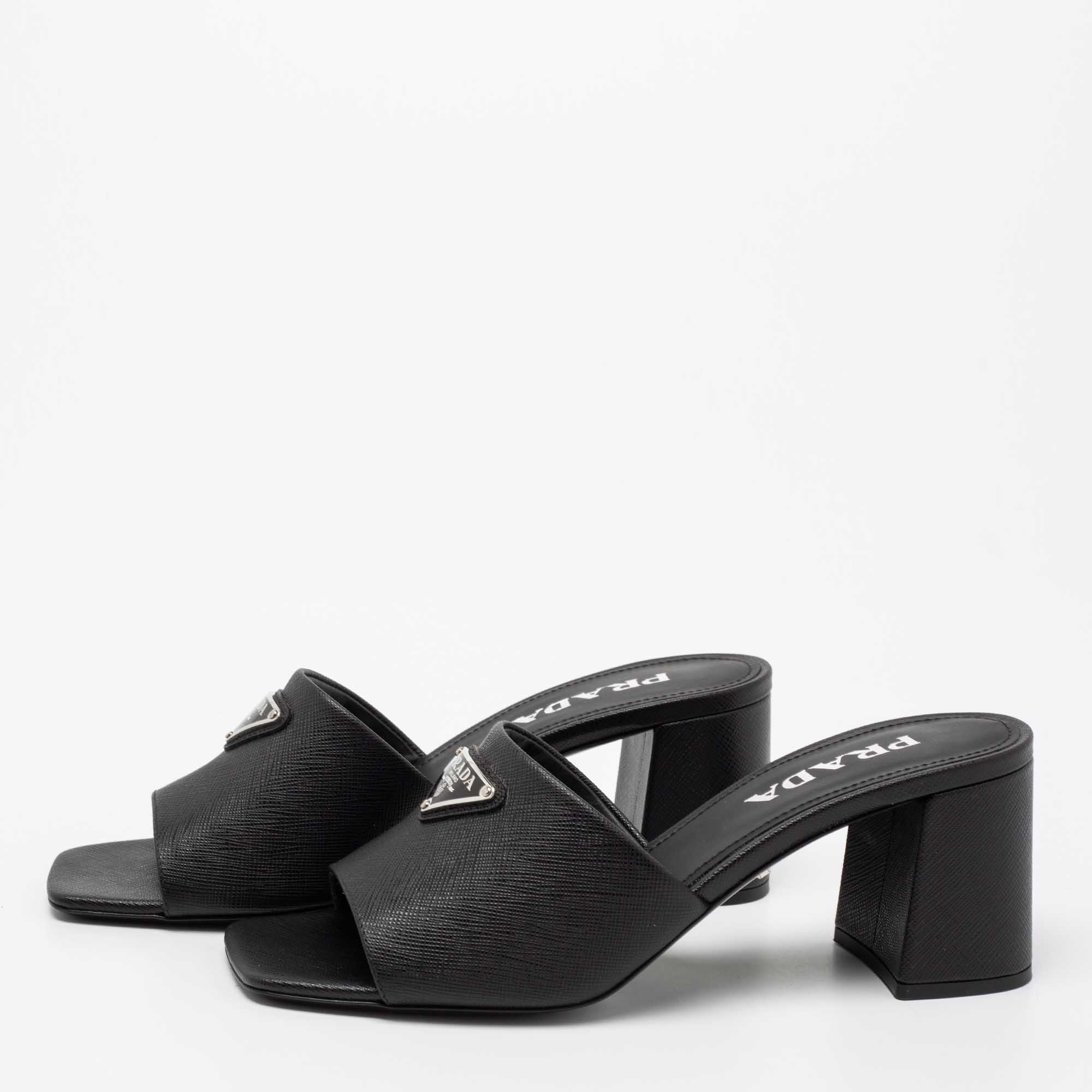 

Prada Black Saffiano Leather Triangle Logo Plaque Block Heel Slide Sandals Size
