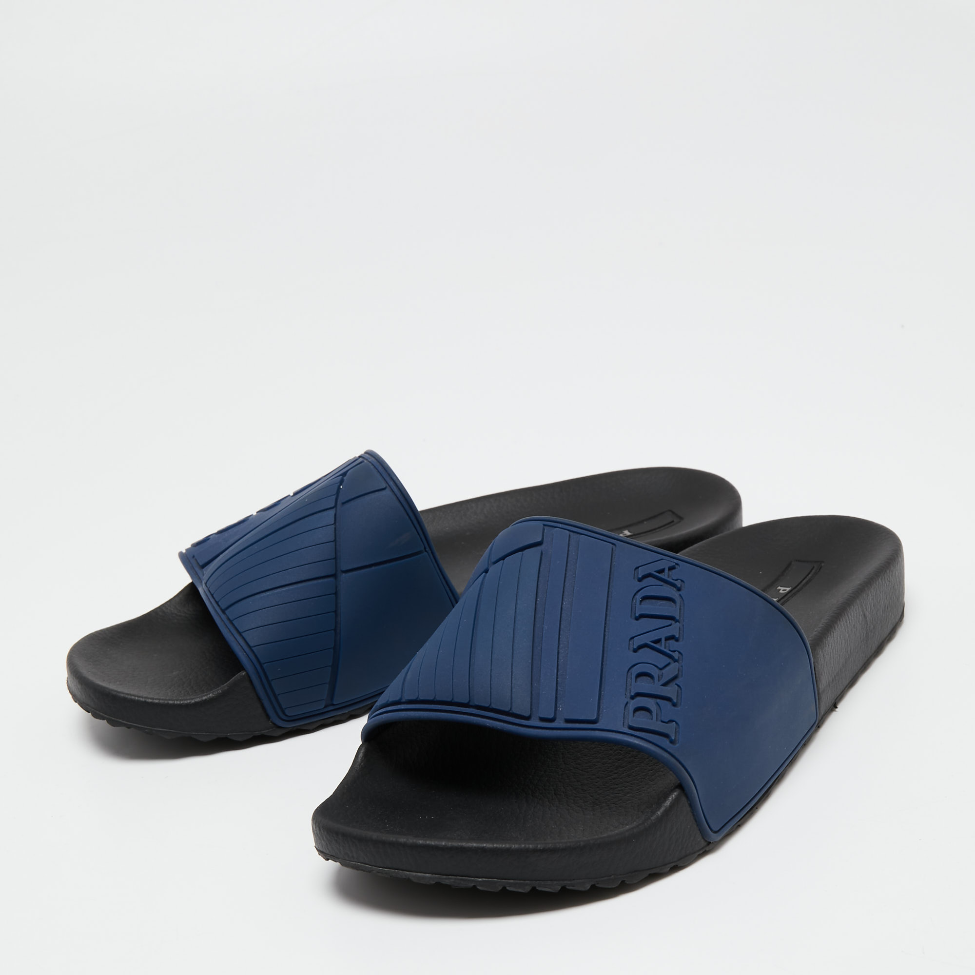 

Prada Navy Blue Rubber Graphic Logo Flat Pool Slides Size