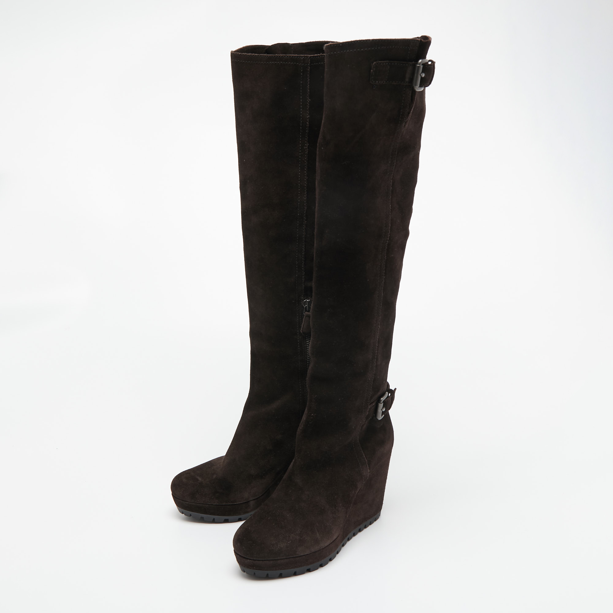 

Prada Brown Suede Buckle Knee Length Boots Size