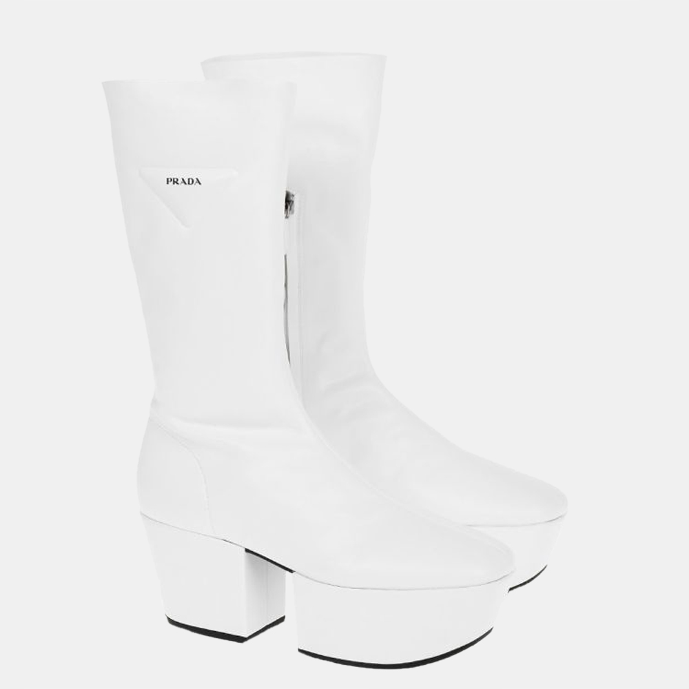 

Prada White leather Triangle logo-patch platform boots Size EU