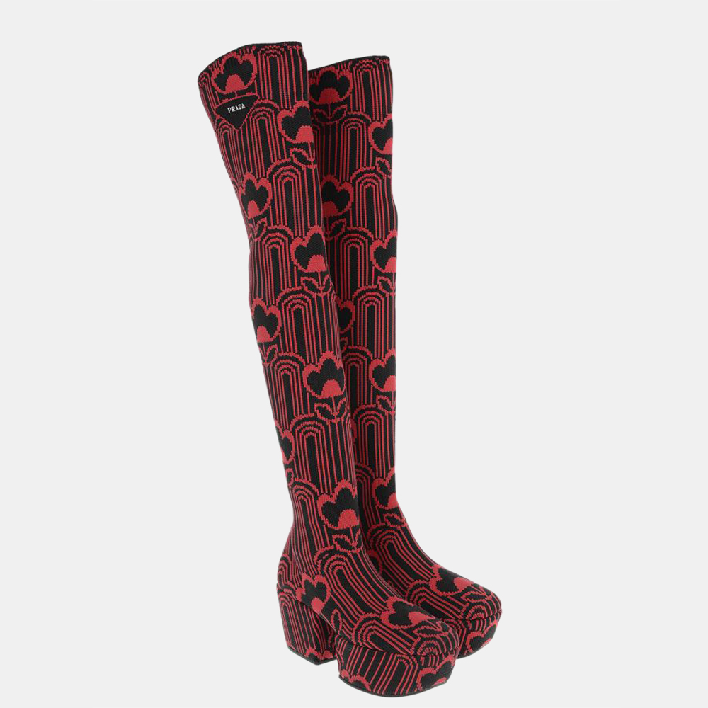 

Prada Red Jacquard Canvas Thigh Boots Size EU