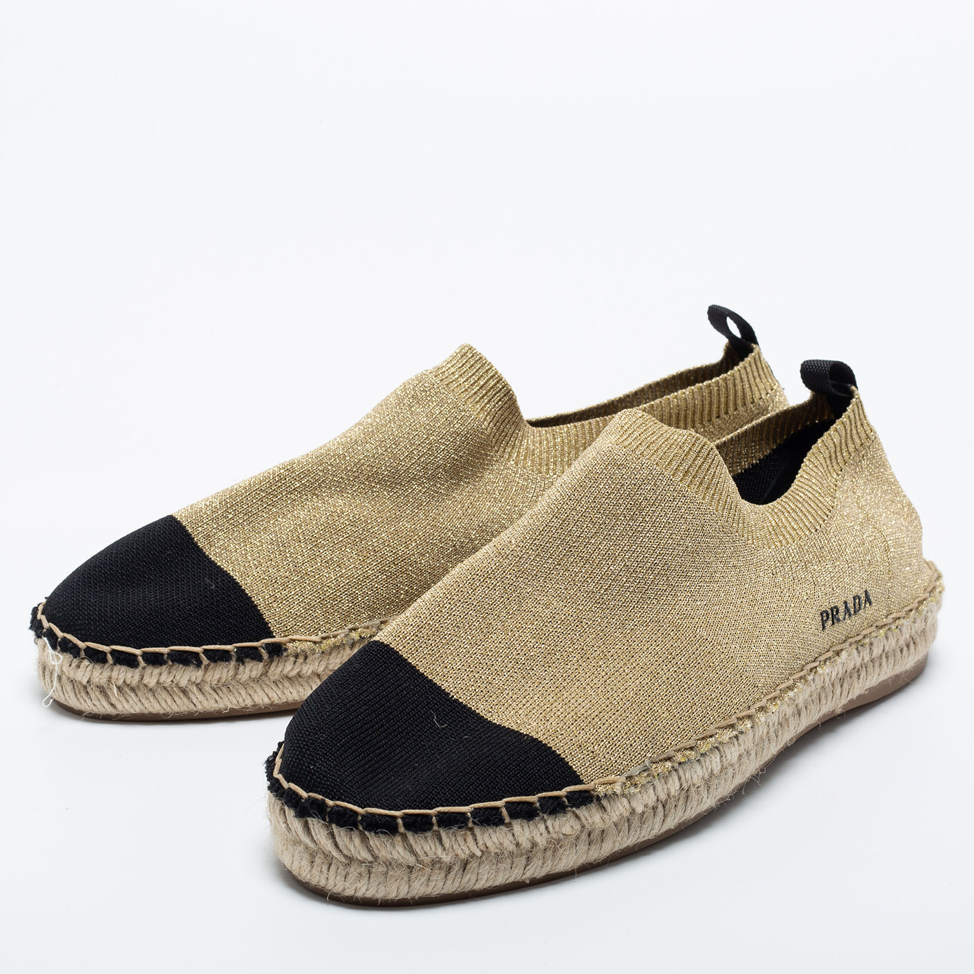 

Prada Shimmery Gold/Black Knit Fabric Espadrille Flats Size