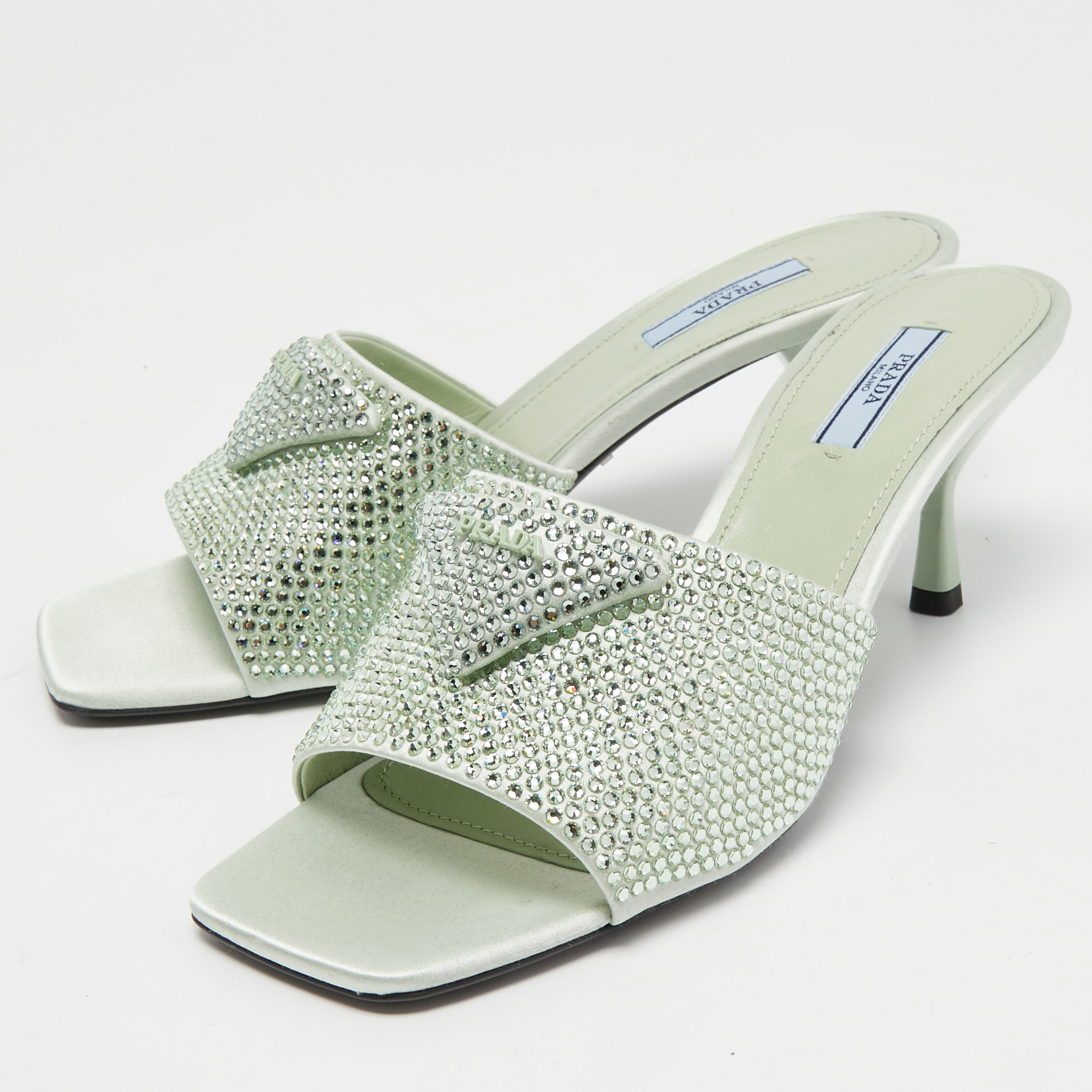 

Prada Mint Green Satin Crystal Embellished Logo Slide Sandals Size