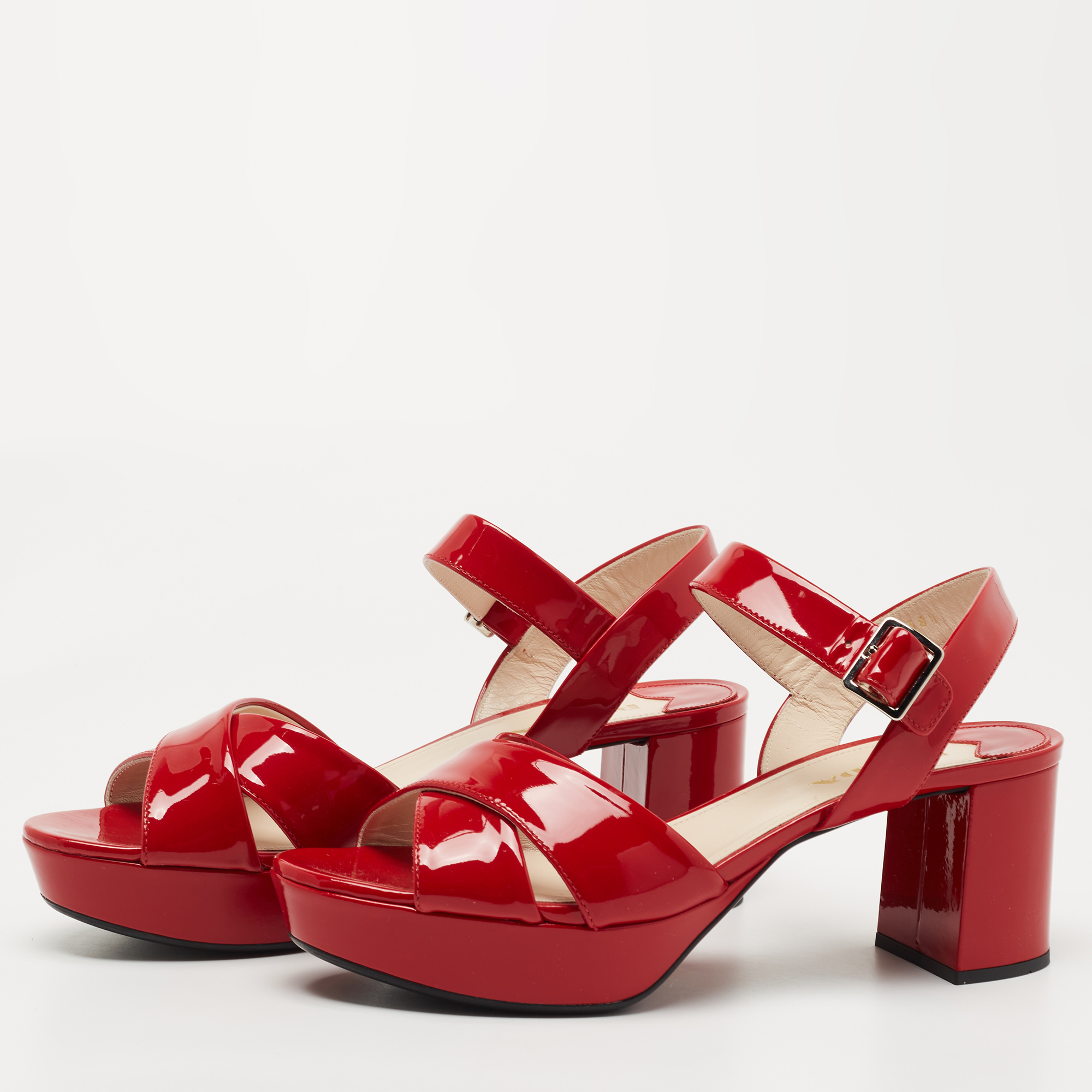 

Prada Red Patent Leather Criss Cross Platform Ankle Strap Sandals Size