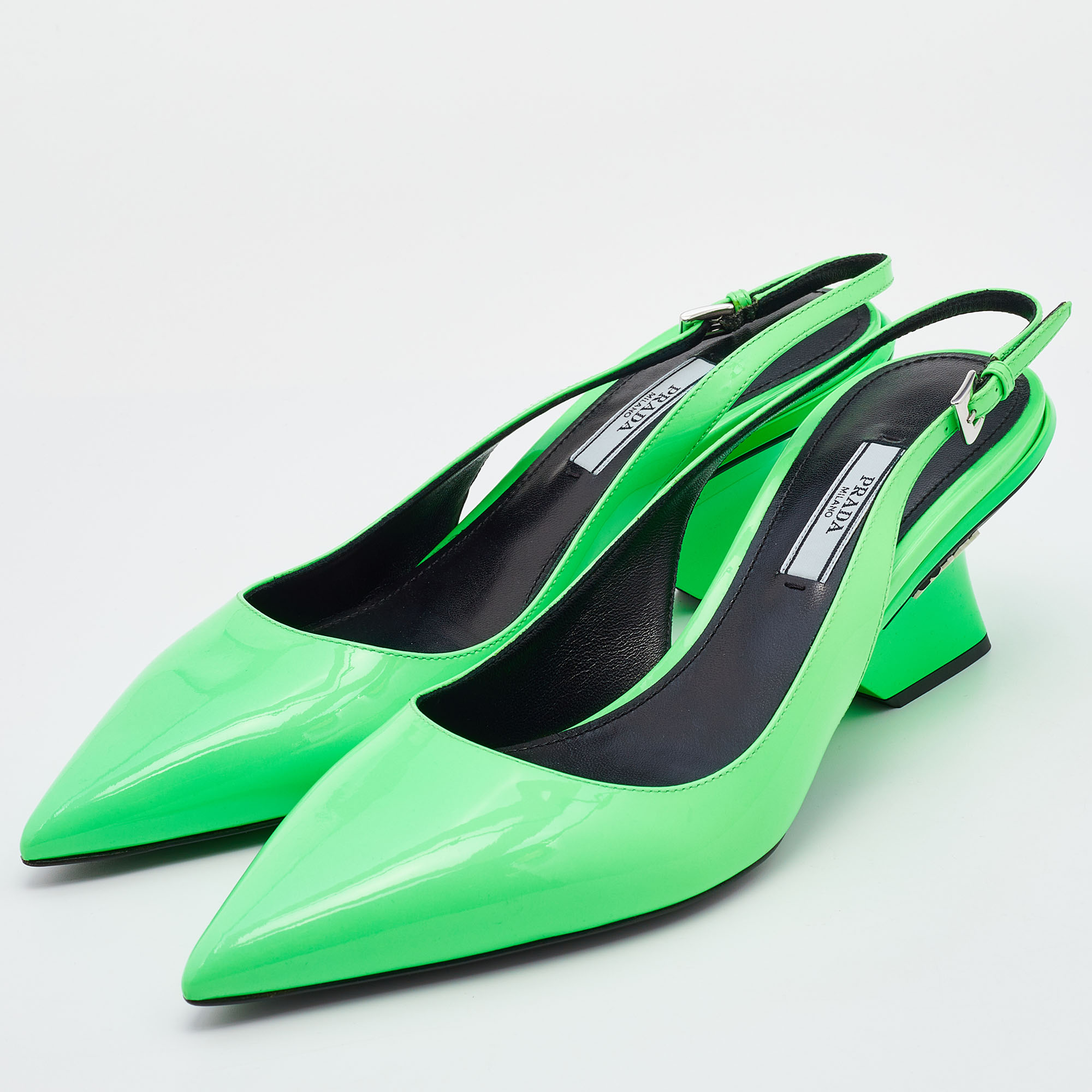 

Prada Neon Green Patent Leather Pointed Toe Slingback Pumps Size
