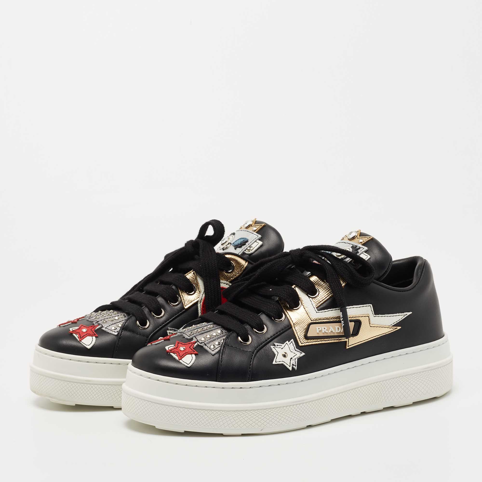 

Prada Black Leather Embellished Slip On Sneakers Size