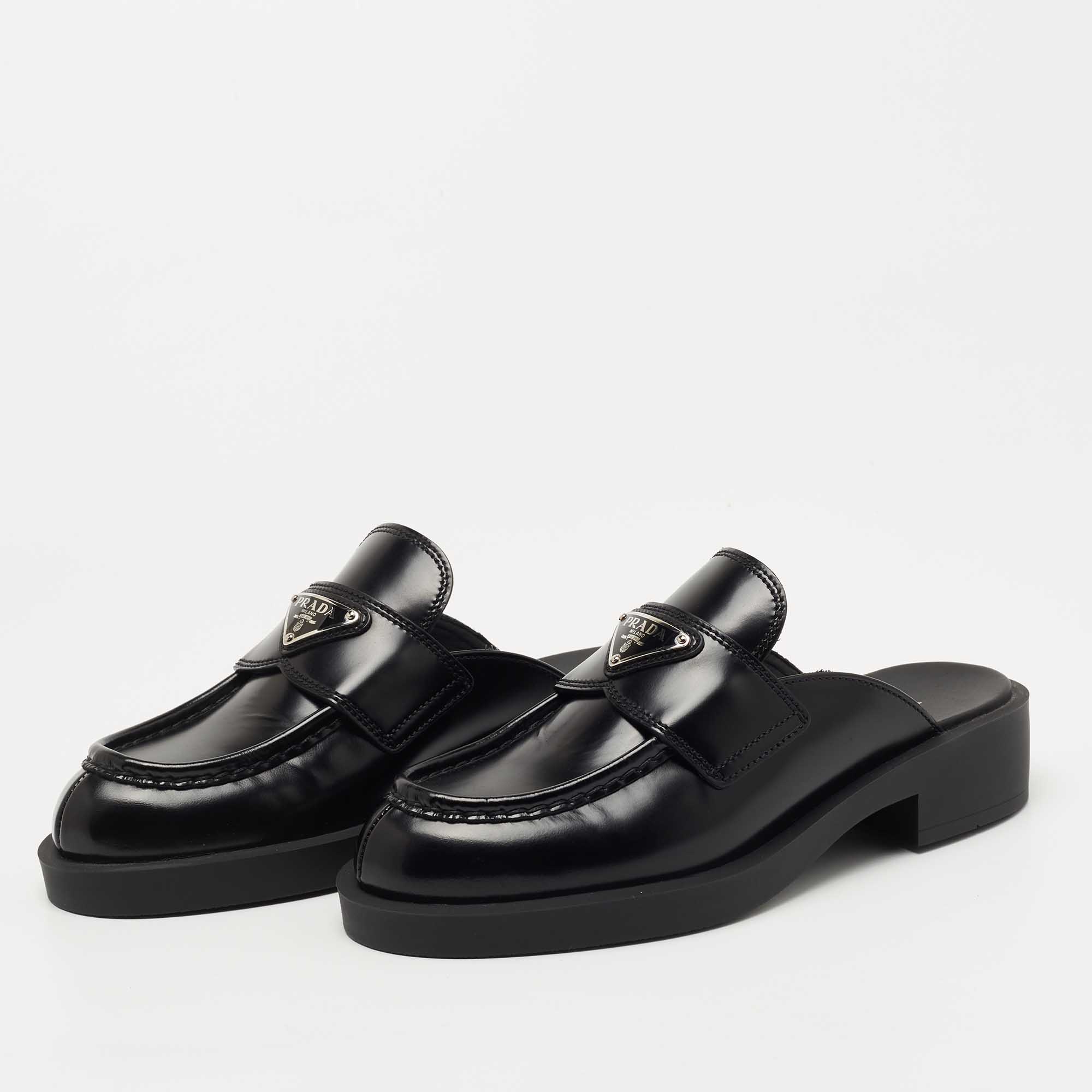 

Prada Black Leather Logo Loafer Mules Size