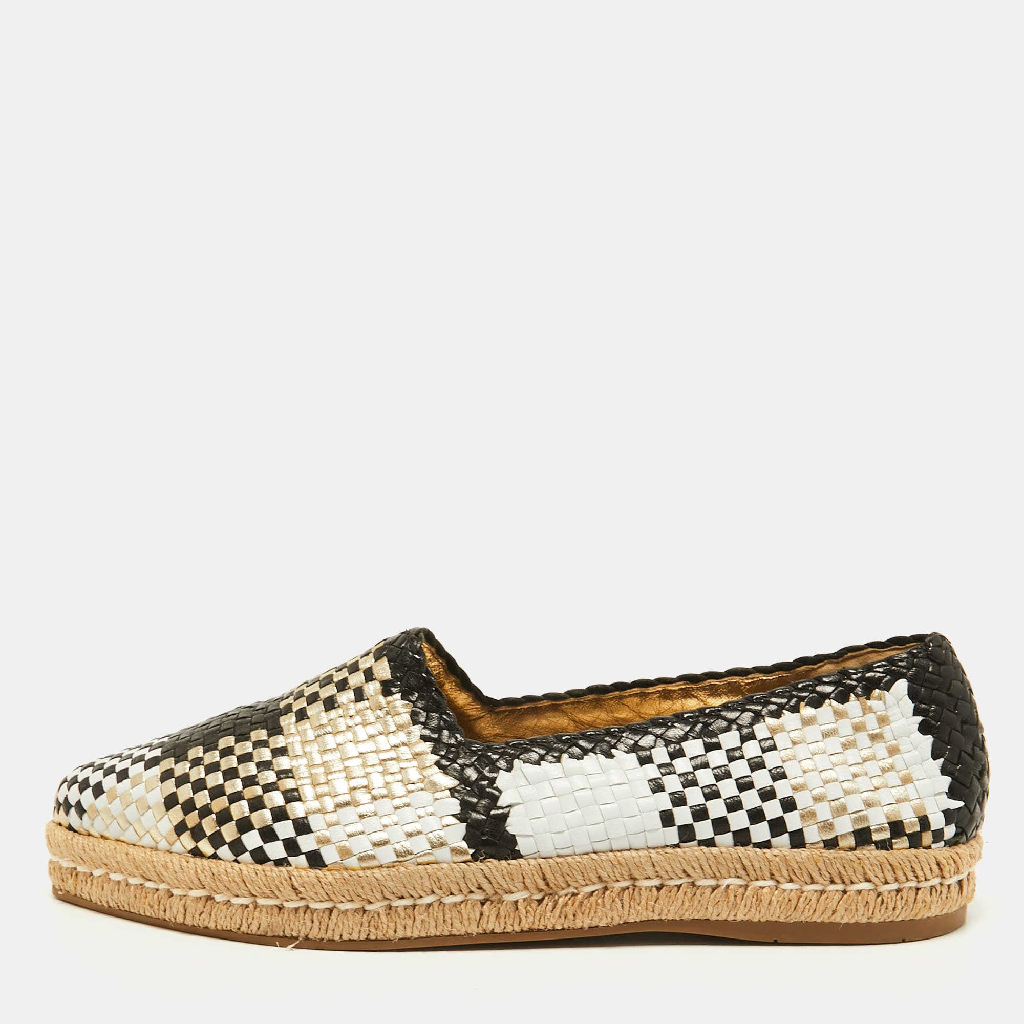 Pre-owned Prada Tricolor Woven Leather Espadrille Flats Size 37.5 In Black