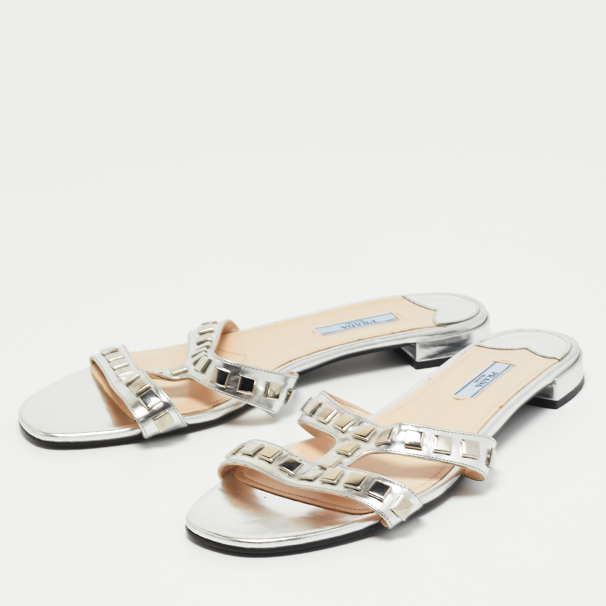 

Prada Silver Leather Studded Flat Slides Size