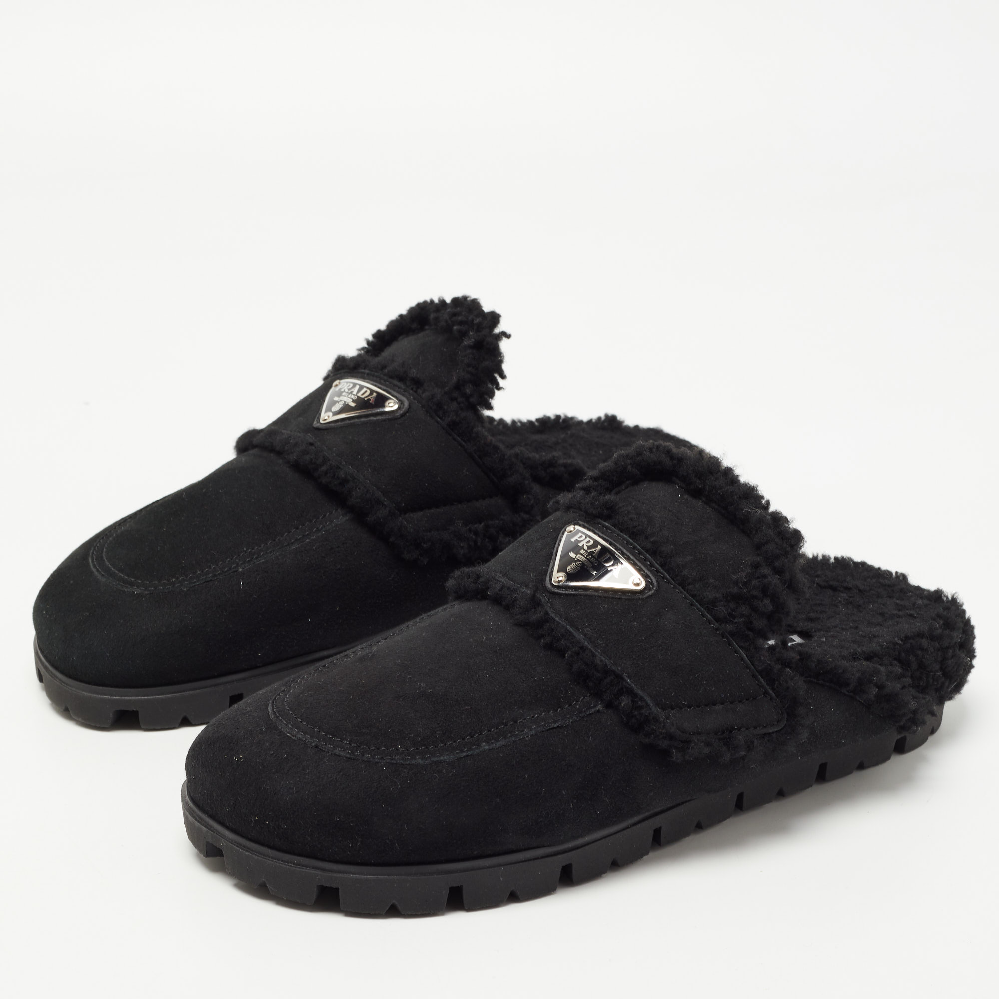 

Prada Black Suede and Shearling Fur Lined Flat Mules Suze
