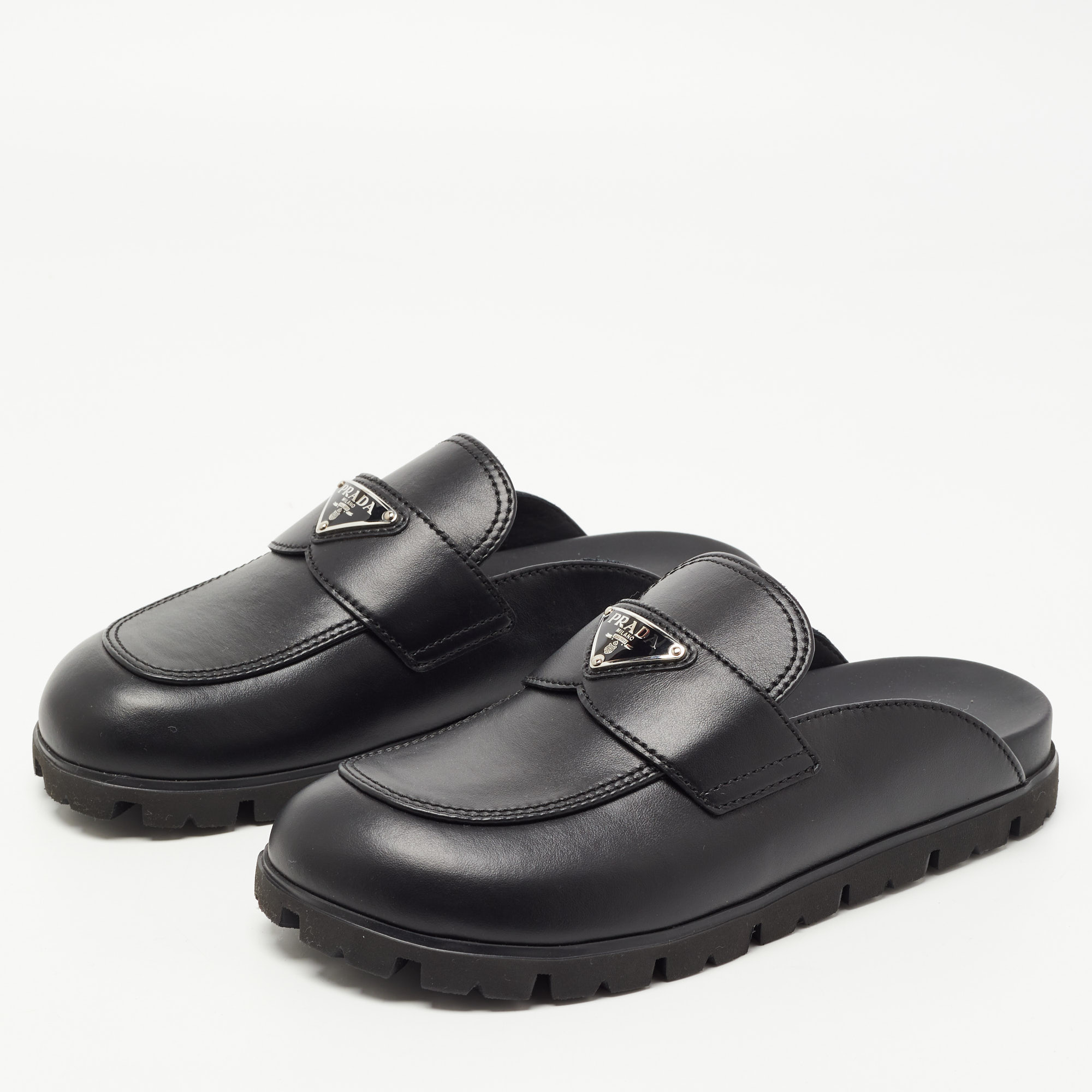 

Prada Black Leather Sabots Flat Mules Size