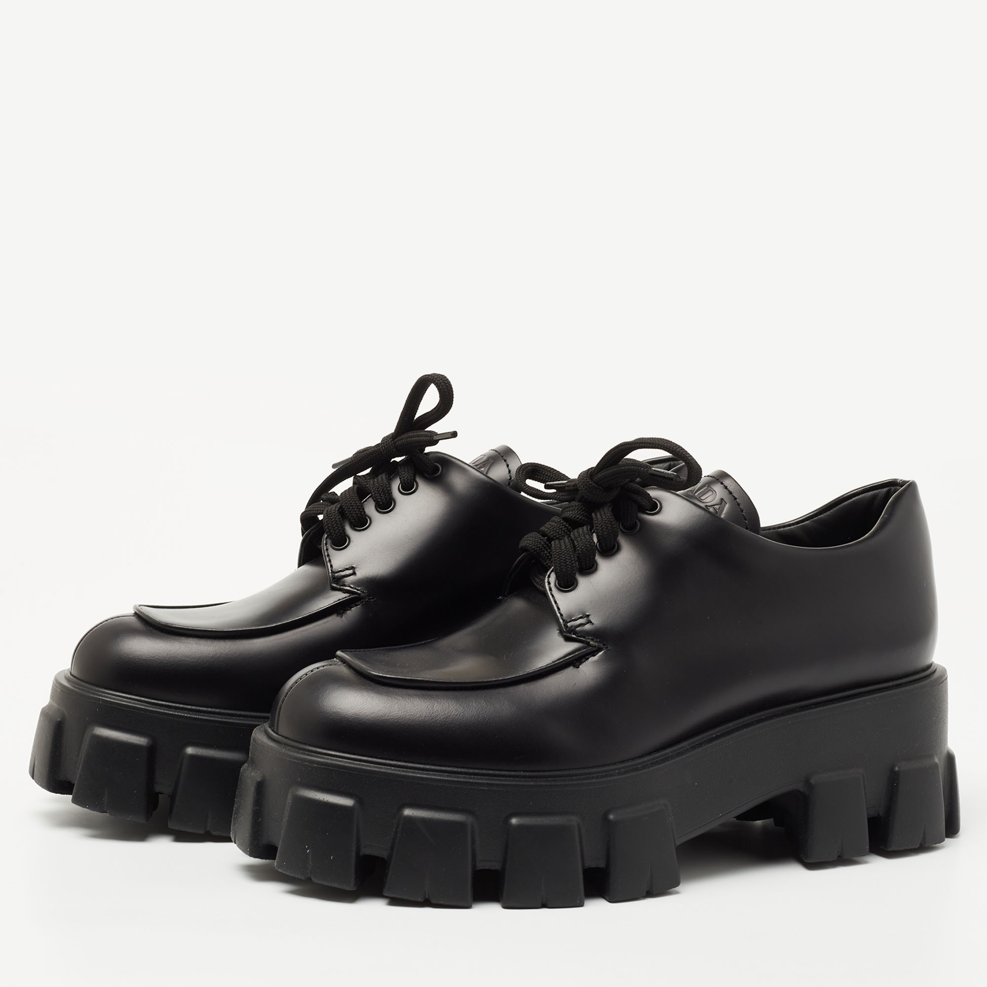 

Prada Black Leather Monolith Platform Derby Size