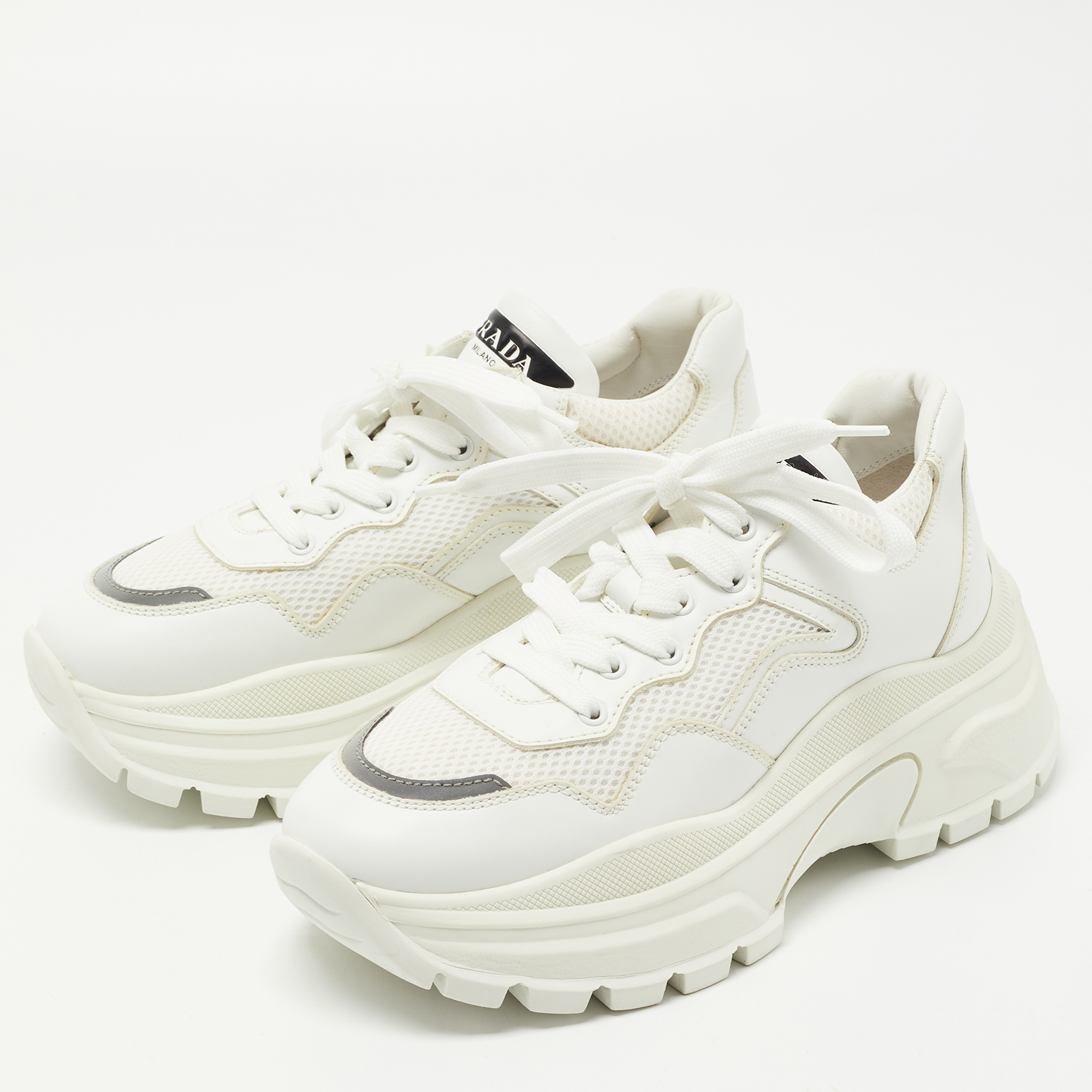 

Prada White Mesh and Leather Lace Up Sneakers Size